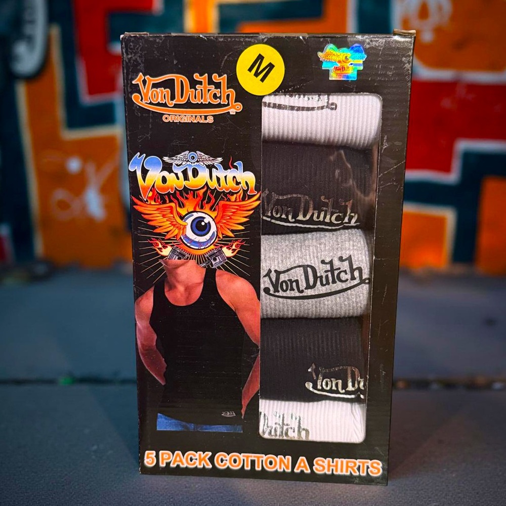 Von Dutch Originals NIB Sz M Men's Black, White & Gray Ribbed A-Shirts - 5 Pack
